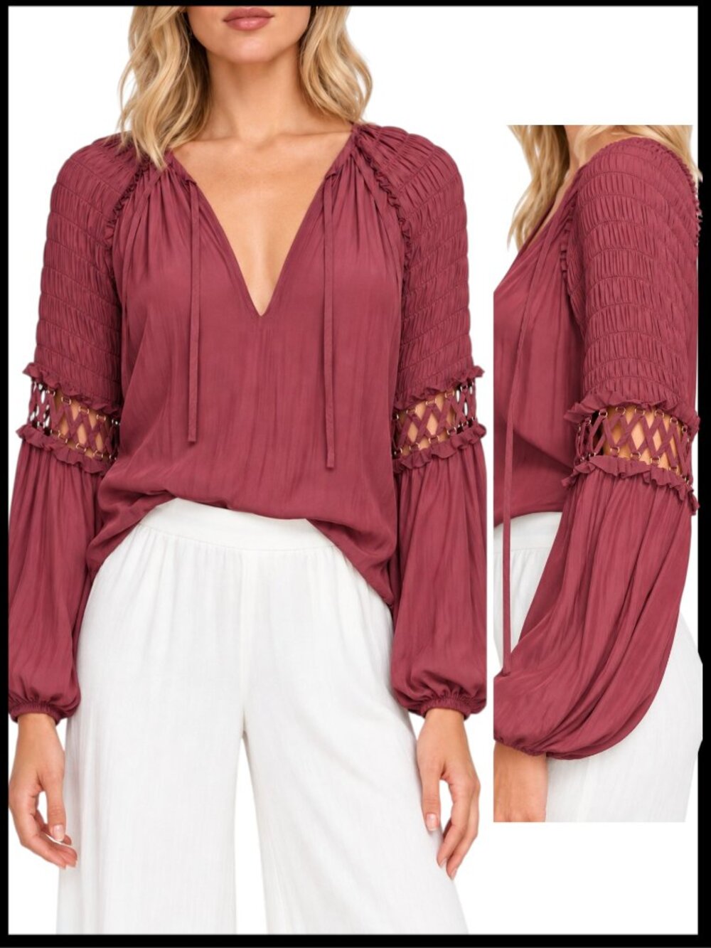 Ramy Brook Ayla Blouse Burgundy Lattice Cutout Sleeve S
